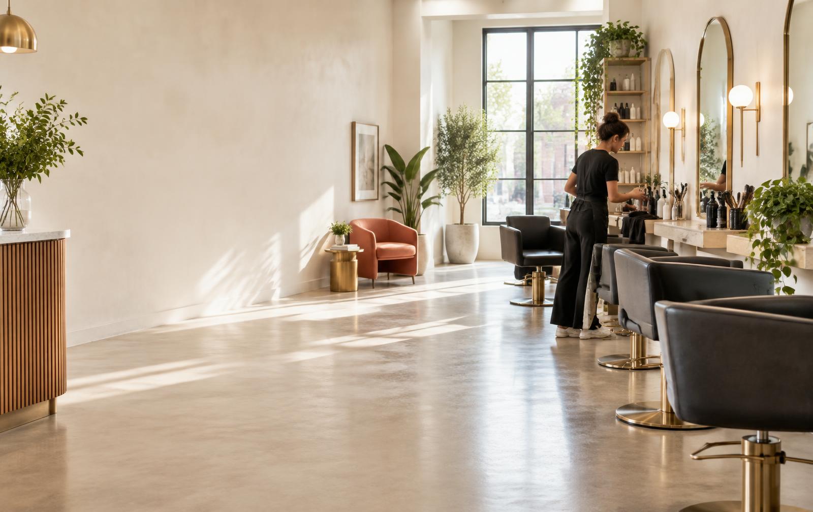 A bright modern salon prepared for the day